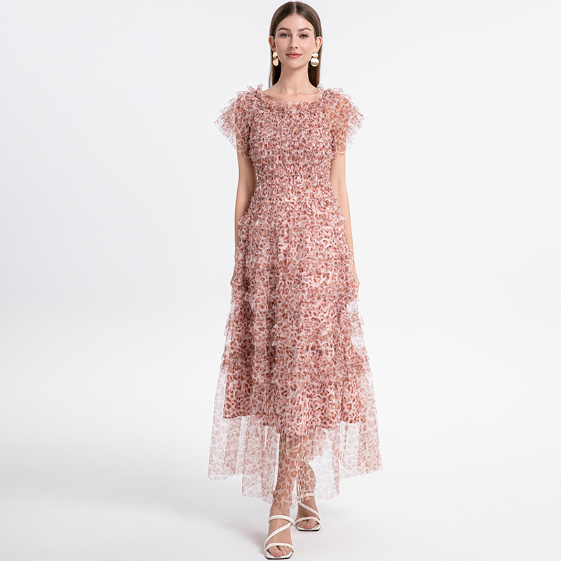 Realistic shooting of exquisite French leopard print bubble sleeve one shoulder mesh dress with elegant temperament Realistic shooting of exquisite French leopard print bubble sleeve one shoulder mesh dress with elegant temperament