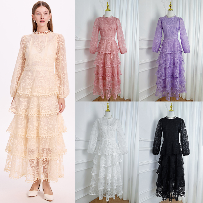 Real time shooting of high-quality embroidery by heavy industry, Spring and Autumn palace style round neck, waist cinching temperament cake skirt