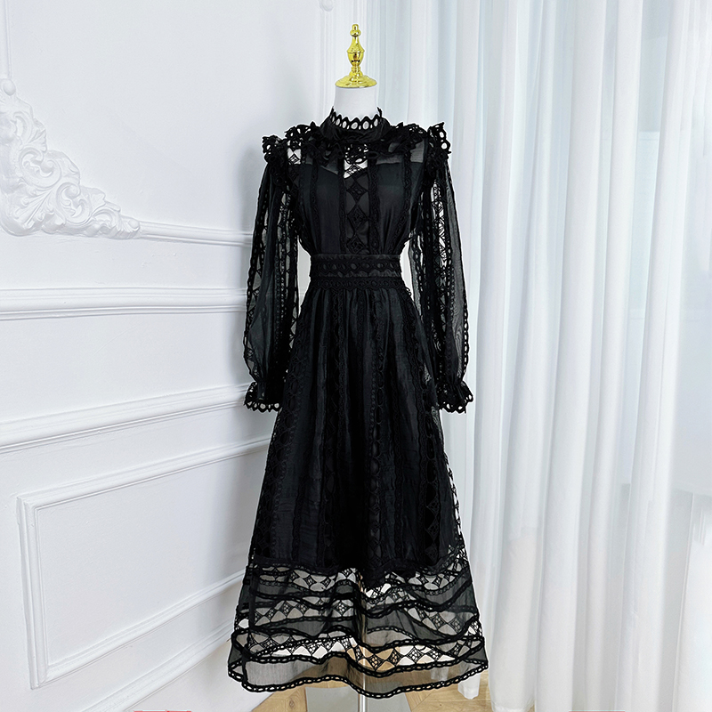Real shot palace style heavy industry lace hollow embroidery solid color French long dress with waist cinching temperament dress Real shot palace style heavy industry lace hollow embroidery solid color French long dress with waist cinching temperament dress
