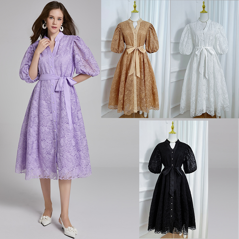 Real shot Heavy Industry French Embroidery Solid Color Large Edition Belt V-neck Elegant Dress