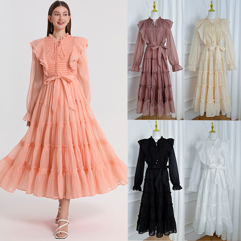 Real shot French pleated black fungus edge waist cinched plus size elegant dress