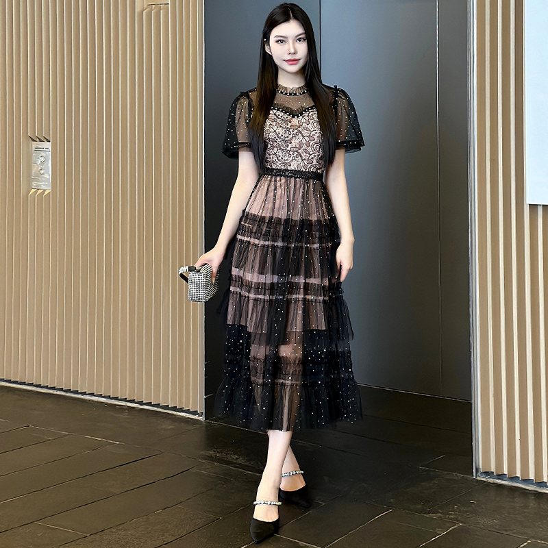 Light luxury heavy industry color diamond nail bead mesh yarn iridescent sequin waist cinching temperament dress Light luxury heavy industry color diamond nail bead mesh yarn iridescent sequin waist cinching temperament dress