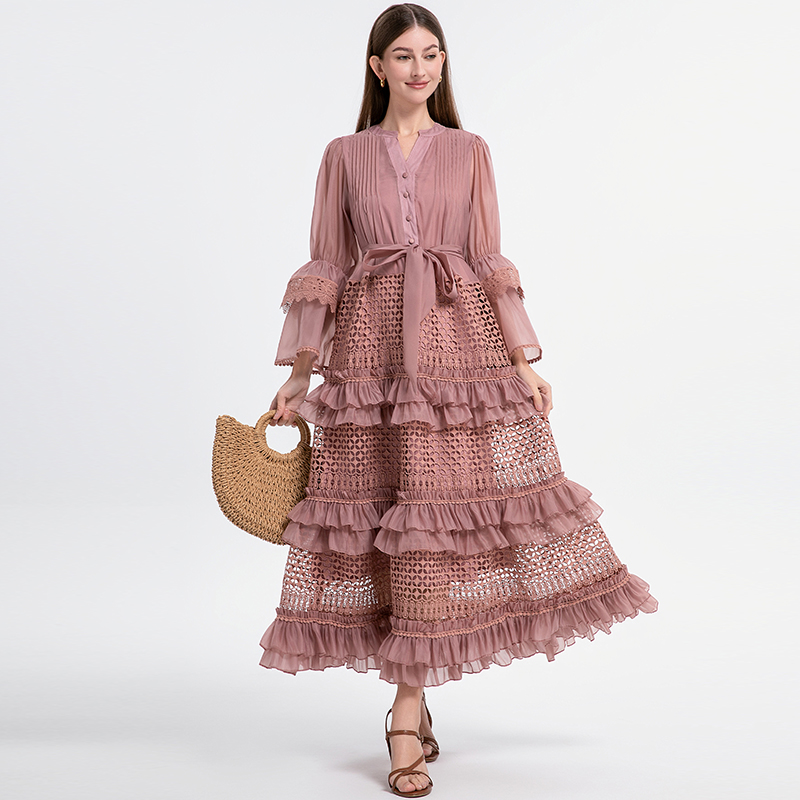 Real time shooting counter French retro court style hollow lace patchwork wood ear trumpet sleeves cinched waist jumpsuit Real time shooting counter French retro court style hollow lace patchwork wood ear trumpet sleeves cinched waist jumpsuit