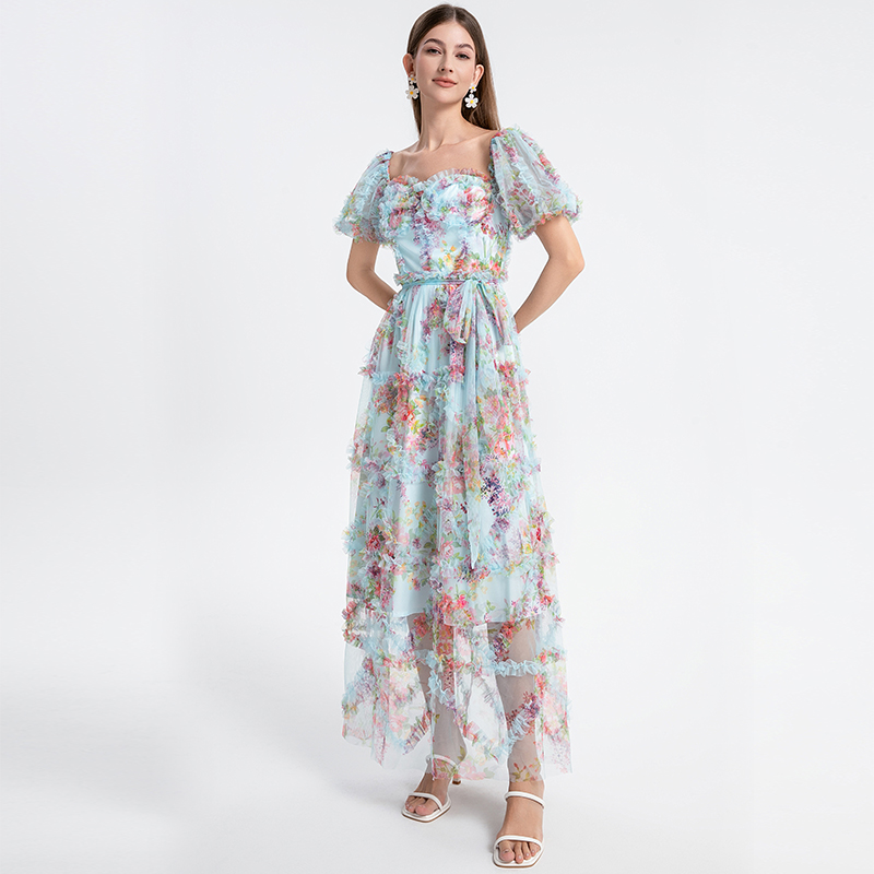 Blue real shot European and American heavy industry boutique palace style French romantic waist cake skirt Blue real shot European and American heavy industry boutique palace style French romantic waist cake skirt