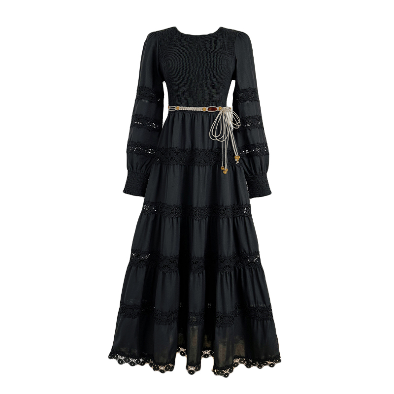 Real shot of heavy-duty French retro long skirt with hollow lace up, solid color waist cinching, slimming round neck, lace stitching Real shot of heavy-duty French retro long skirt with hollow lace up, solid color waist cinching, slimming round neck, lace stitching