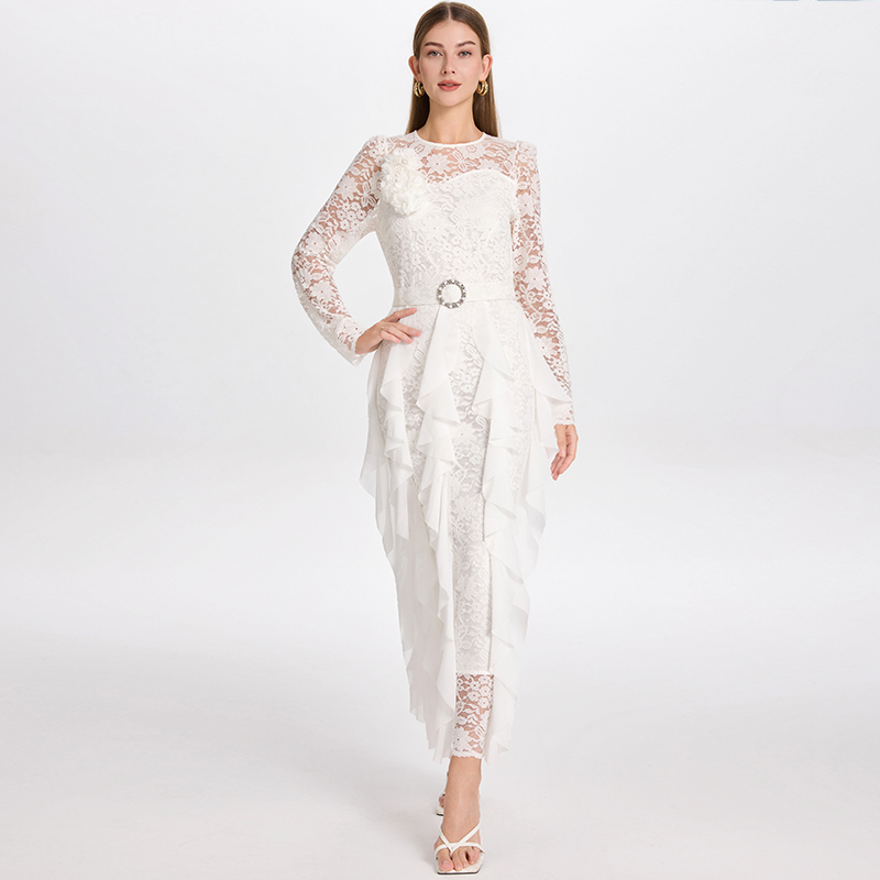 Realistic shooting of high-quality lace patchwork chiffon slim fit diamond belt temperament fishtail skirt Realistic shooting of high-quality lace patchwork chiffon slim fit diamond belt temperament fishtail skirt