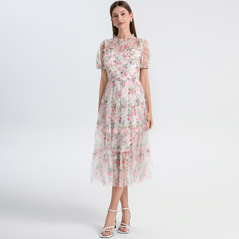 Real time shooting of heavy industry nail drill small floral French boutique mesh summer sweet dress Real time shooting of heavy industry nail drill small floral French boutique mesh summer sweet dress