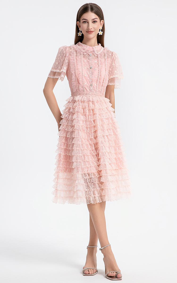 Real shot short sleeved French sweet lace lace cake skirt with nail and diamond waist cinching temperament dress Real shot short sleeved French sweet lace lace cake skirt with nail and diamond waist cinching temperament dress