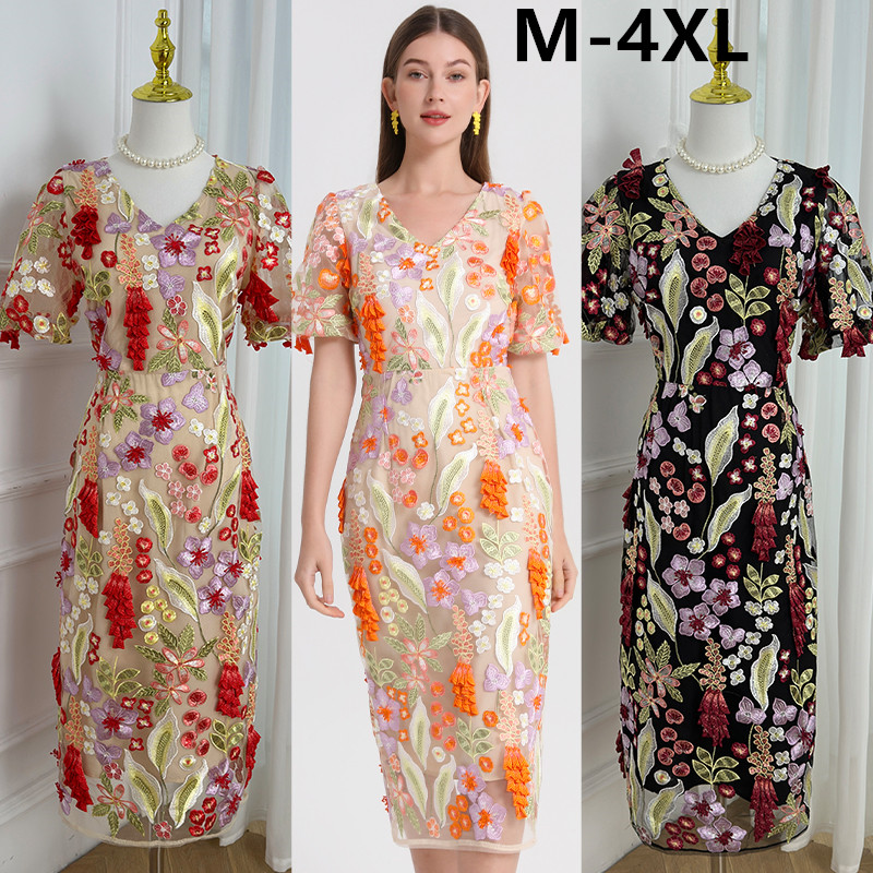 Realistic shooting of high-quality handmade three-dimensional wheat ear embroidered French style dress from Heavy Industry