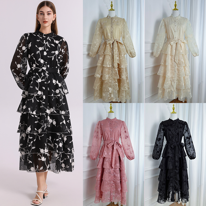 Heavy Industry French Palace Style Boutique Large Embroidered Elastic Waist with Belt Elegant Cake Skirt