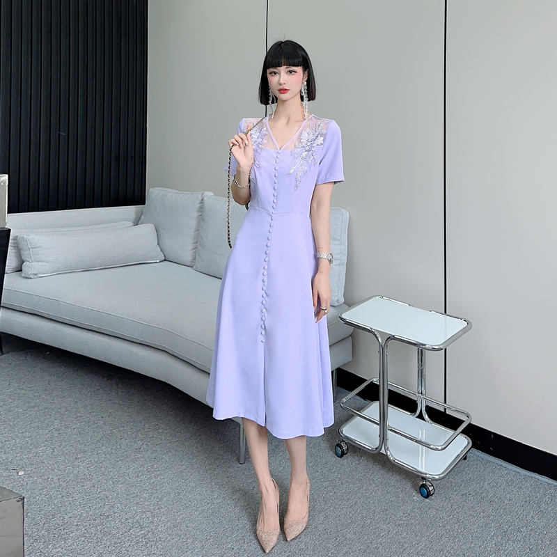 Real shot - Nail bead embroidered dress for women, light and mature French high-end design, slimming and split V-neck Real shot - Nail bead embroidered dress for women, light and mature French high-end design, slimming and split V-neck