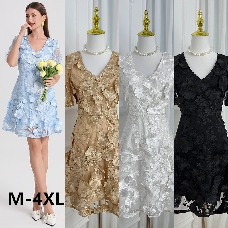 Real shot of high-quality handmade three-dimensional embroidery French solid color small pendulum VL collar bubble sleeve dress from Heavy Industry