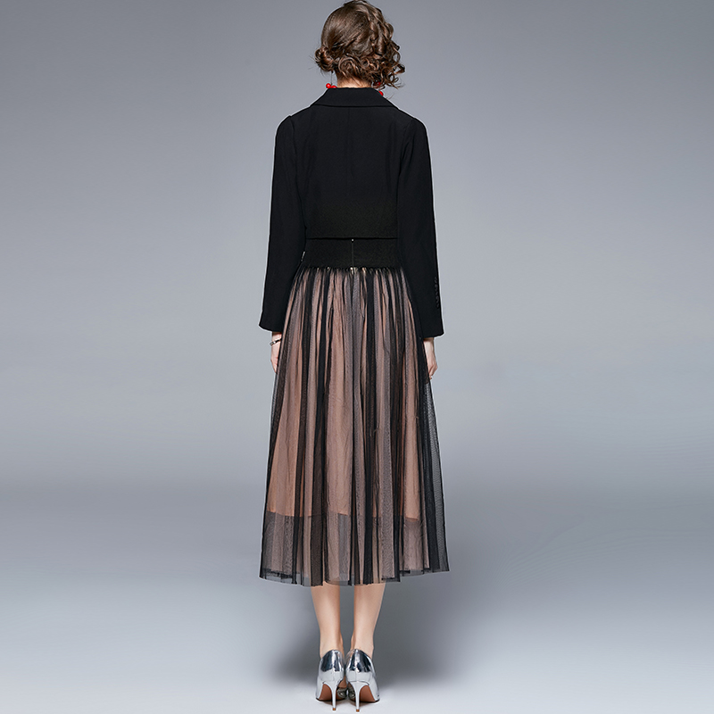 Real shooting boutique European and American fashion suit skirt temperament short style small suit mesh half skirt two-piece set Real shooting boutique European and American fashion suit skirt temperament short style small suit mesh half skirt two-piece set