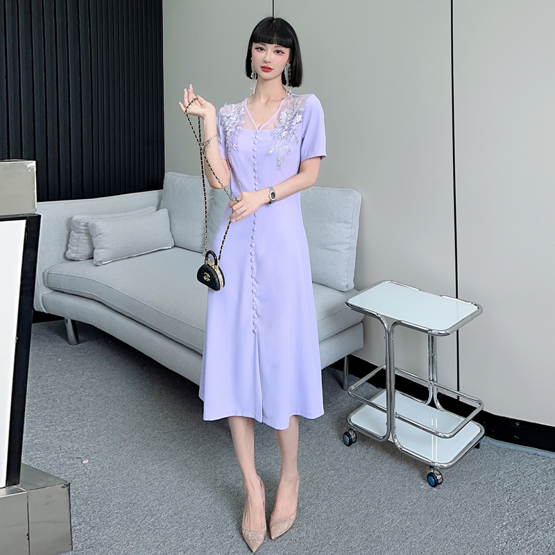 Real shot - Nail bead embroidered dress for women, light and mature French high-end design, slimming and split V-neck