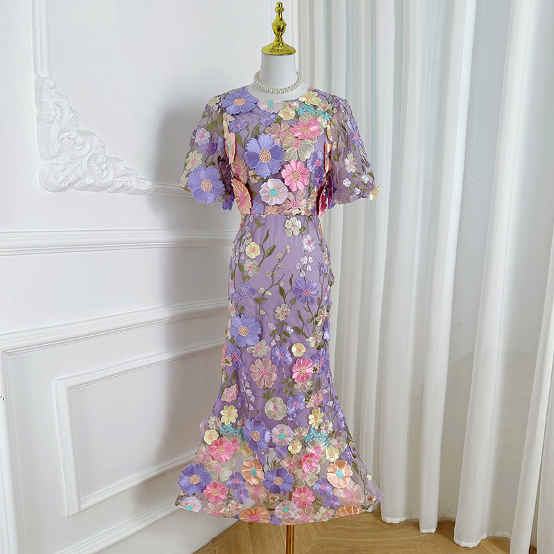 Realistic shooting of high-quality heavy-duty handmade three-dimensional color embroidery bubble sleeves, hip hugging temperament fishtail skirt Realistic shooting of high-quality heavy-duty handmade three-dimensional color embroidery bubble sleeves, hip hugging temperament fishtail skirt