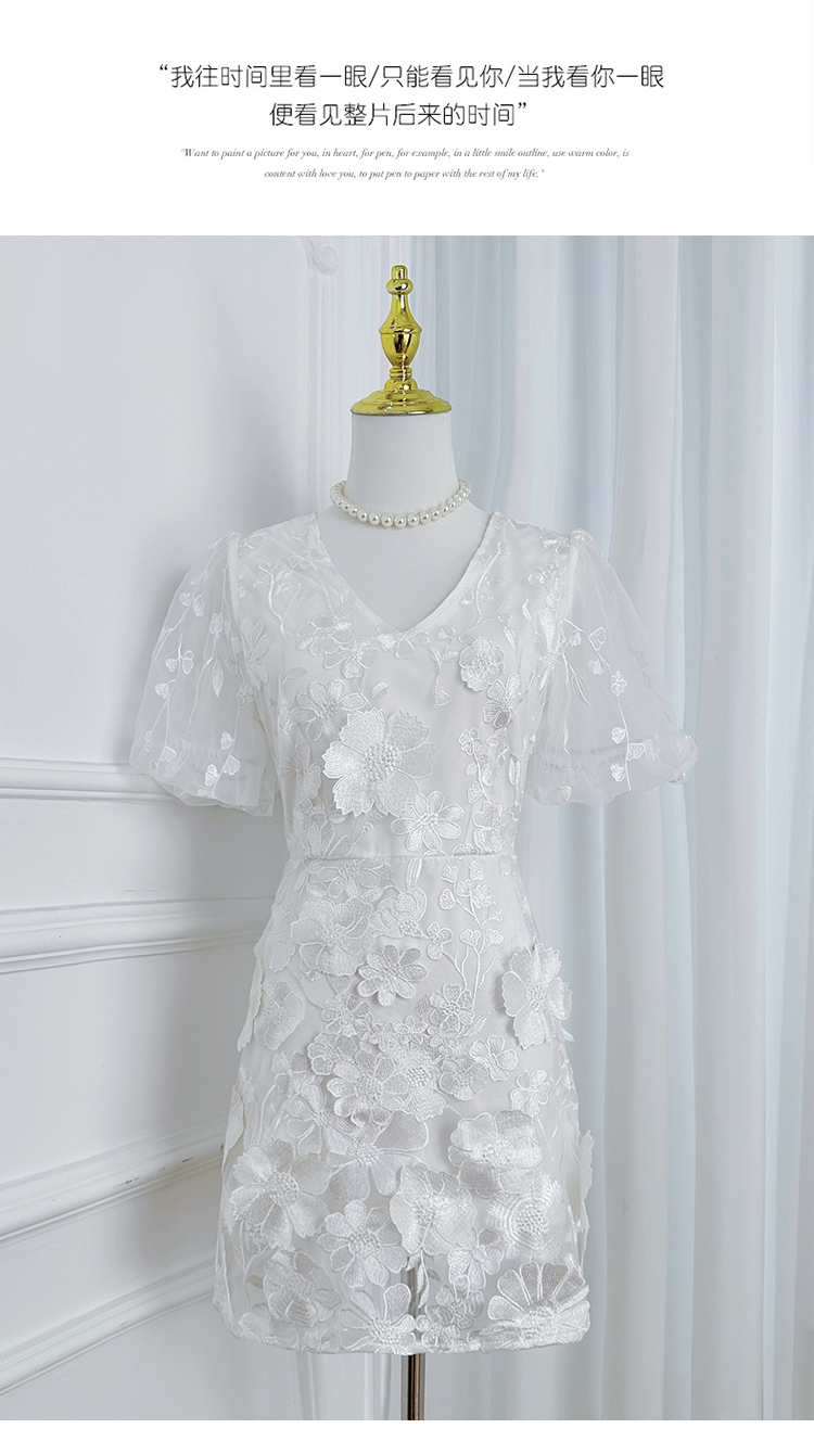 Real time shooting of high-quality embroidery handmade color floral V-neck bubble sleeve wrapped hip dress by heavy industry Real time shooting of high-quality embroidery handmade color floral V-neck bubble sleeve wrapped hip dress by heavy industry