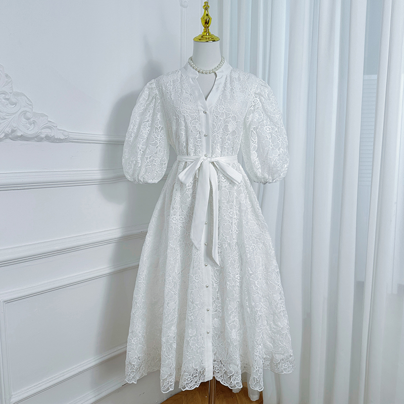 Real shot Heavy Industry French Embroidery Solid Color Large Edition Belt V-neck Elegant Dress Real shot Heavy Industry French Embroidery Solid Color Large Edition Belt V-neck Elegant Dress