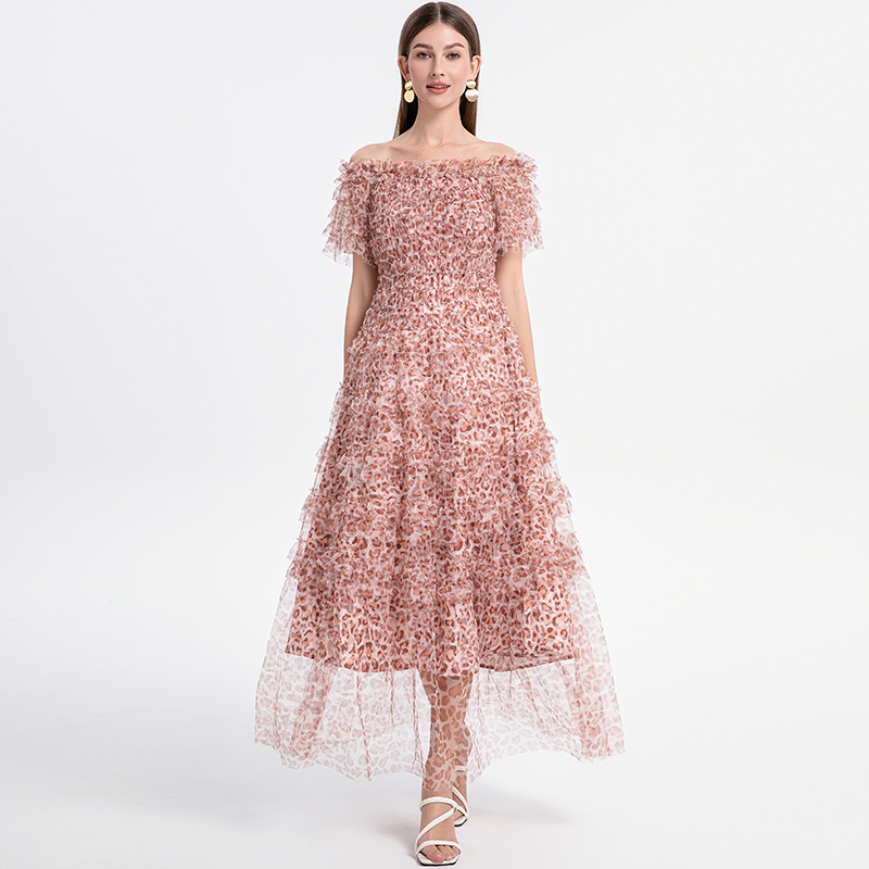 Realistic shooting of exquisite French leopard print bubble sleeve one shoulder mesh dress with elegant temperament Realistic shooting of exquisite French leopard print bubble sleeve one shoulder mesh dress with elegant temperament