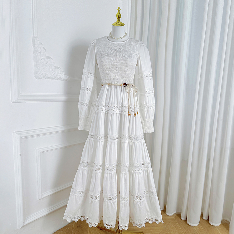 Real shot of heavy-duty French retro long skirt with hollow lace up, solid color waist cinching, slimming round neck, lace stitching Real shot of heavy-duty French retro long skirt with hollow lace up, solid color waist cinching, slimming round neck, lace stitching