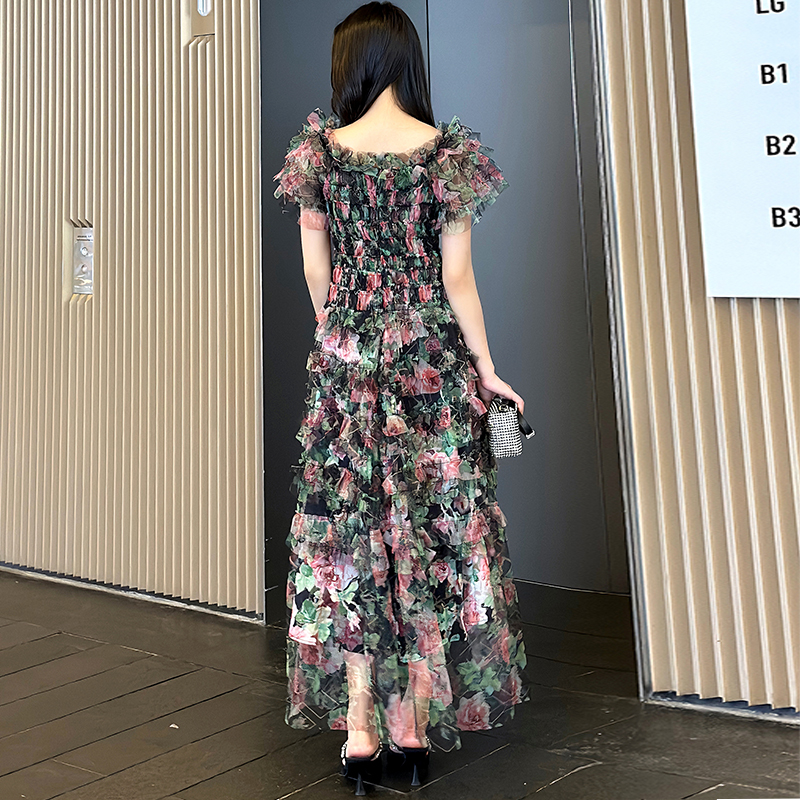 Real shooting French style floral long, high-end high waisted mesh vacation style dress Real shooting French style floral long, high-end high waisted mesh vacation style dress