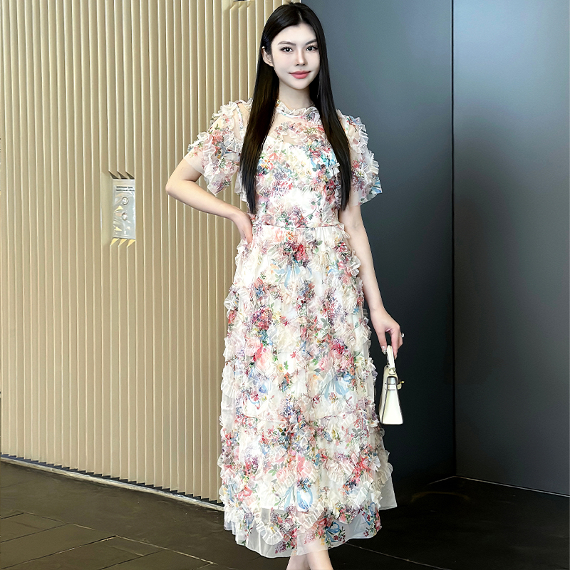 Real shot - Three color Heavy Industry imported ultra soft fabric, emerald flower gentle style short sleeved high-end dress Real shot - Three color Heavy Industry imported ultra soft fabric, emerald flower gentle style short sleeved high-end dress