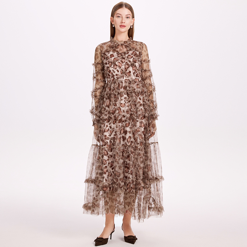 Real time shooting of heavy-duty French mesh leopard print large skirt with black fungus waist cinching and vacation fairy skirt Real time shooting of heavy-duty French mesh leopard print large skirt with black fungus waist cinching and vacation fairy skirt