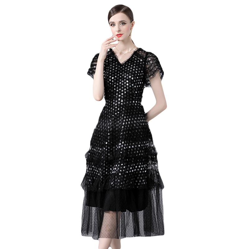 Real shot - Light luxury retro wood ear edge V-neck sequin large swing dress Real shot - Light luxury retro wood ear edge V-neck sequin large swing dress