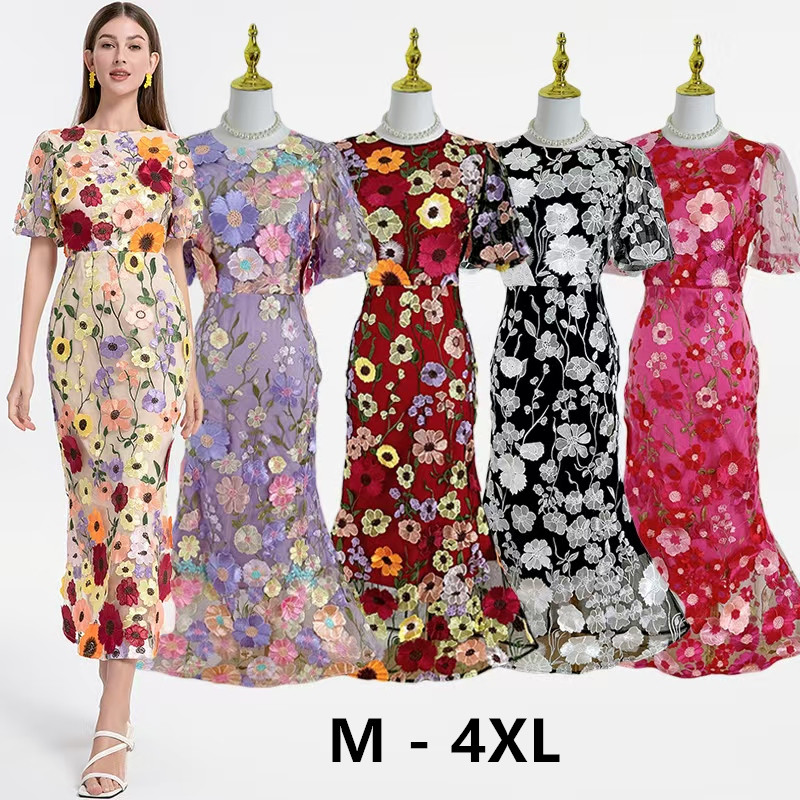 Realistic shooting of high-quality heavy-duty handmade three-dimensional color embroidery bubble sleeves, hip hugging temperament fishtail skirt