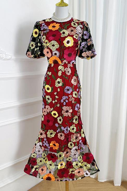 Realistic shooting of high-quality heavy-duty handmade three-dimensional color embroidery bubble sleeves, hip hugging temperament fishtail skirt Realistic shooting of high-quality heavy-duty handmade three-dimensional color embroidery bubble sleeves, hip hugging temperament fishtail skirt