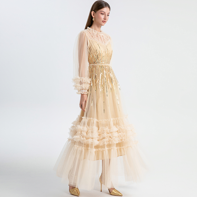 Real time shooting of high-quality heavy industry embroidery sequins, mesh splicing, black fungus edge, elegant dress, dress Real time shooting of high-quality heavy industry embroidery sequins, mesh splicing, black fungus edge, elegant dress, dress