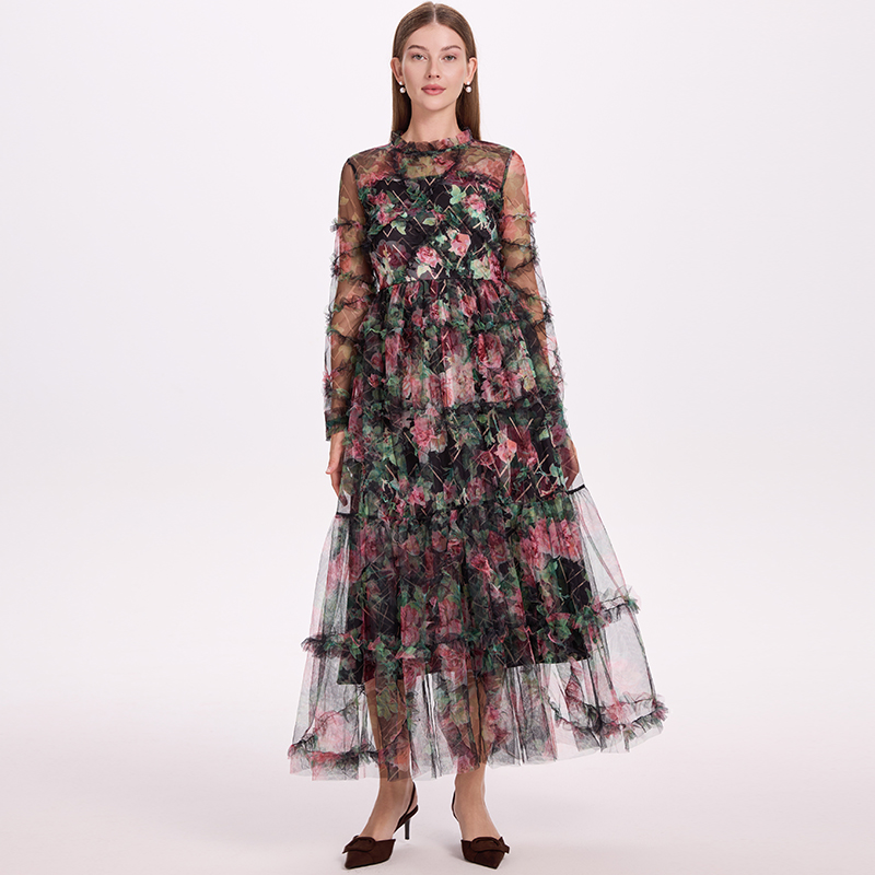 Real time shooting of high-quality heavy-duty French mesh printed large swing waist collection travel fairy skirt Real time shooting of high-quality heavy-duty French mesh printed large swing waist collection travel fairy skirt