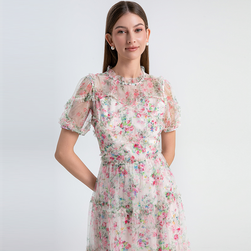 Real time shooting of heavy industry nail drill small floral French boutique mesh summer sweet dress Real time shooting of heavy industry nail drill small floral French boutique mesh summer sweet dress
