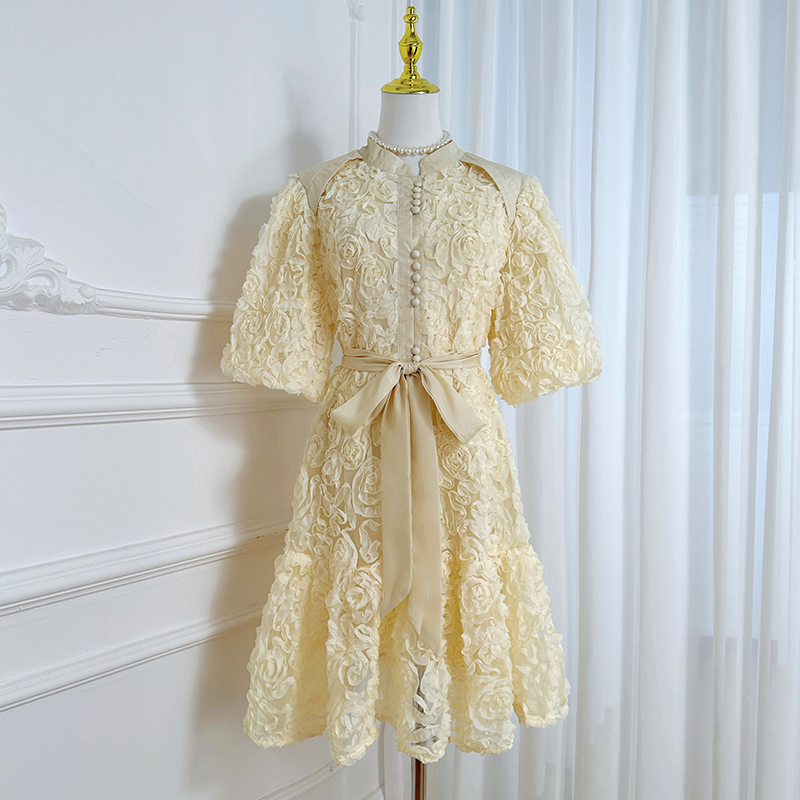 Real shot short heavy-duty three-dimensional rose solid color loose fit European and American temperament dress Real shot short heavy-duty three-dimensional rose solid color loose fit European and American temperament dress