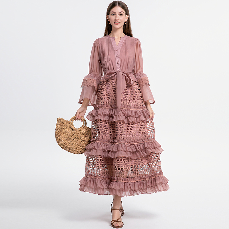 Real time shooting counter French retro court style hollow lace patchwork wood ear trumpet sleeves cinched waist jumpsuit Real time shooting counter French retro court style hollow lace patchwork wood ear trumpet sleeves cinched waist jumpsuit