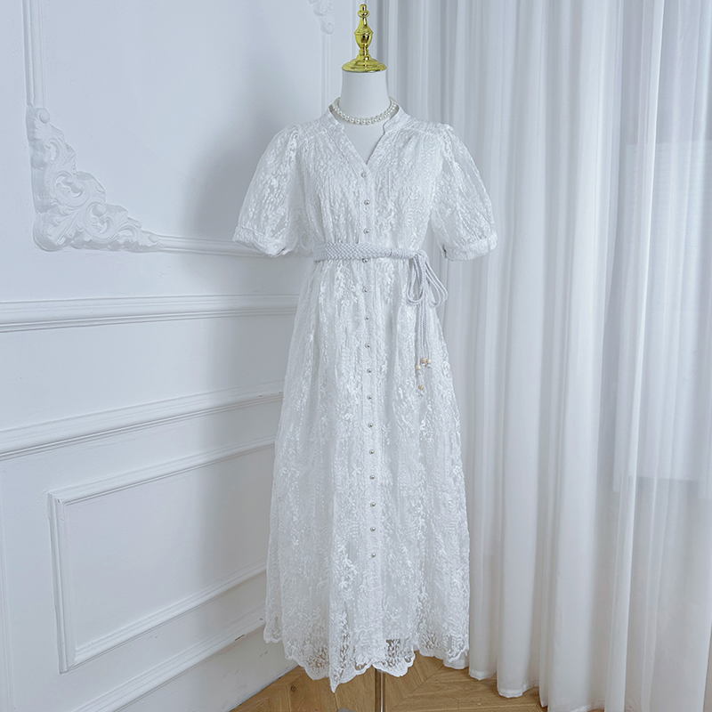 Realistic shooting of high-end French summer waist cinching heavy embroidery V-neck multi-color temperament dress Realistic shooting of high-end French summer waist cinching heavy embroidery V-neck multi-color temperament dress