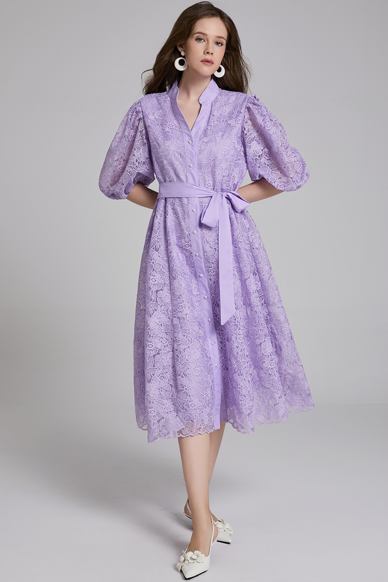 Real shot Heavy Industry French Embroidery Solid Color Large Edition Belt V-neck Elegant Dress Real shot Heavy Industry French Embroidery Solid Color Large Edition Belt V-neck Elegant Dress