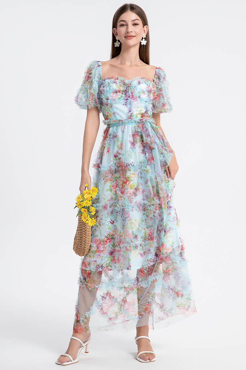 Blue real shot European and American heavy industry boutique palace style French romantic waist cake skirt Blue real shot European and American heavy industry boutique palace style French romantic waist cake skirt