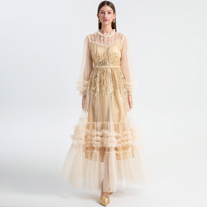 Real time shooting of high-quality heavy industry embroidery sequins, mesh splicing, black fungus edge, elegant dress, dress Real time shooting of high-quality heavy industry embroidery sequins, mesh splicing, black fungus edge, elegant dress, dress