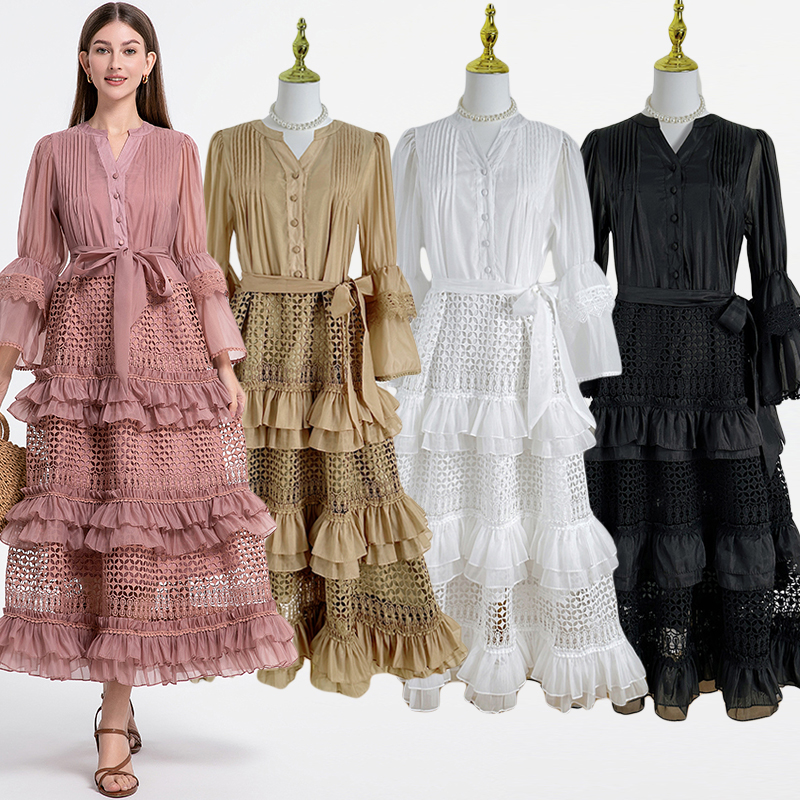 Real time shooting counter French retro court style hollow lace patchwork wood ear trumpet sleeves cinched waist jumpsuit