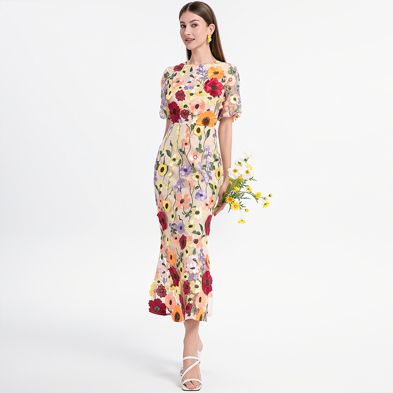 Realistic shooting of high-quality heavy-duty handmade three-dimensional color embroidery bubble sleeves, hip hugging temperament fishtail skirt Realistic shooting of high-quality heavy-duty handmade three-dimensional color embroidery bubble sleeves, hip hugging temperament fishtail skirt