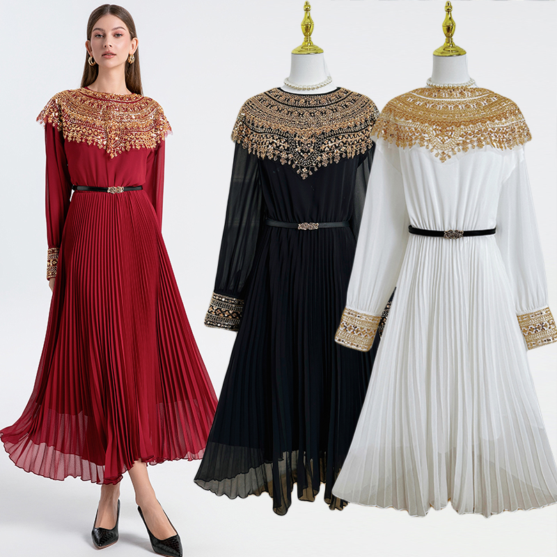 Real time shooting of high-end pleated waistband with gold bead sequins shawl and chiffon pleated large swing jumpsuit