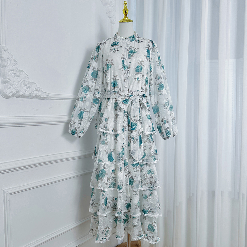 Real time shooting of heavy industry French court style colorful printed embroidered elastic waist with belt, elegant cake skirt temperament Real time shooting of heavy industry French court style colorful printed embroidered elastic waist with belt, elegant cake skirt temperament