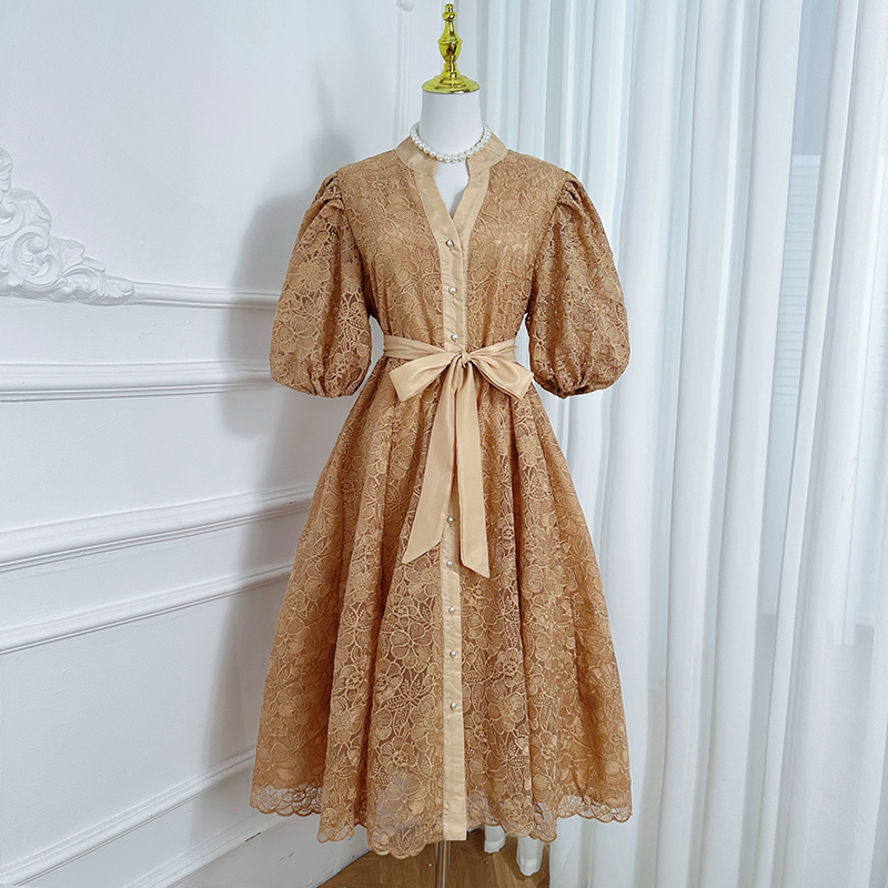 Real shot Heavy Industry French Embroidery Solid Color Large Edition Belt V-neck Elegant Dress Real shot Heavy Industry French Embroidery Solid Color Large Edition Belt V-neck Elegant Dress