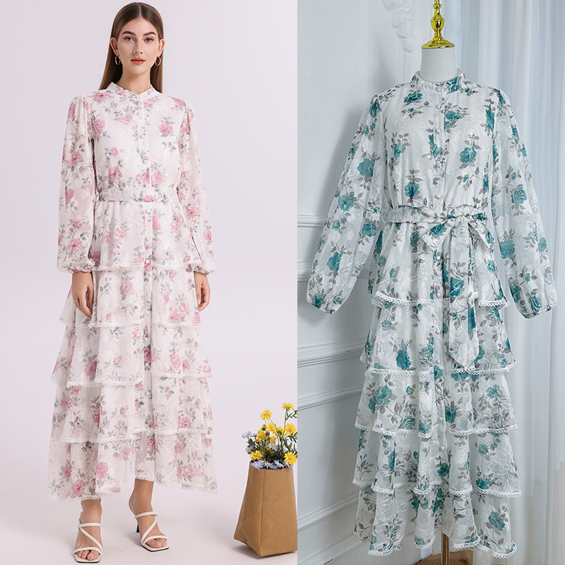 Real time shooting of heavy industry French court style colorful printed embroidered elastic waist with belt, elegant cake skirt temperament