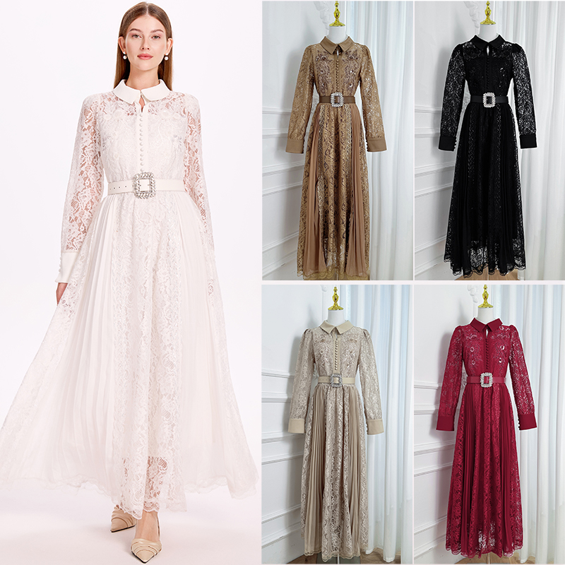 Real shot of handmade flower doll collar with crystal belt, lace splicing, wrinkled chiffon temperament jumpsuit by heavy industry