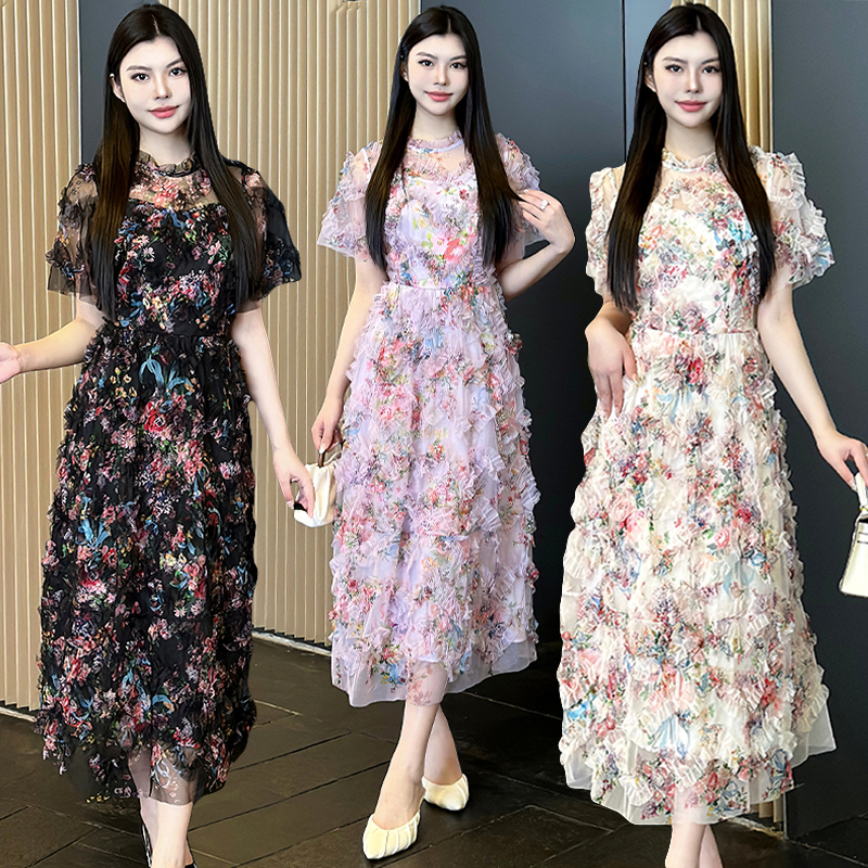 Real shot - Three color Heavy Industry imported ultra soft fabric, emerald flower gentle style short sleeved high-end dress