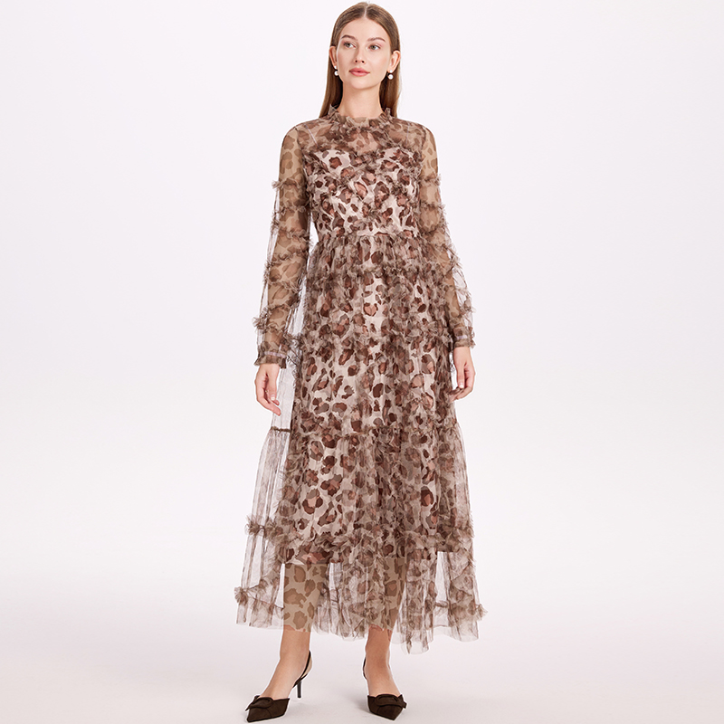 Real time shooting of heavy-duty French mesh leopard print large skirt with black fungus waist cinching and vacation fairy skirt Real time shooting of heavy-duty French mesh leopard print large skirt with black fungus waist cinching and vacation fairy skirt