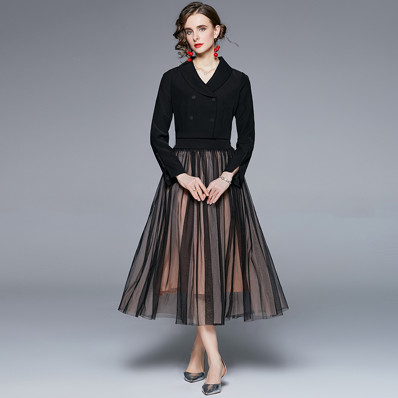 Real shooting boutique European and American fashion suit skirt temperament short style small suit mesh half skirt two-piece set