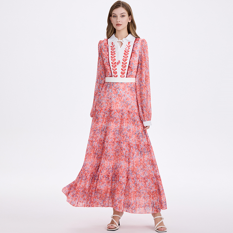 Real shot of heavy-duty printed pleated chiffon nail bead waist cinching retro European and American women's vacation cake skirt Real shot of heavy-duty printed pleated chiffon nail bead waist cinching retro European and American women's vacation cake skirt