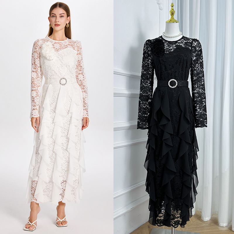 Realistic shooting of high-quality lace patchwork chiffon slim fit diamond belt temperament fishtail skirt